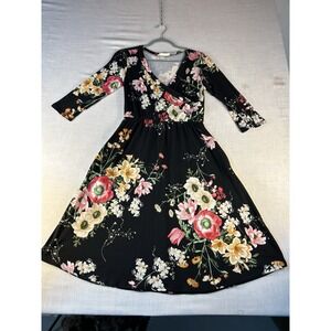 Vine And Love Midi Dress Black Floral Sz Med Flowy Wrap Torso, 3/4 Sleeve Pocket